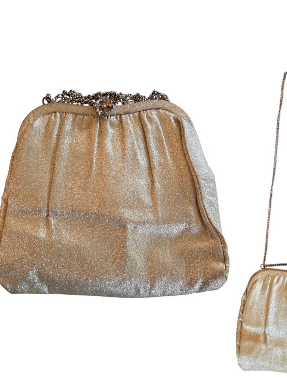 Vintage 50s 60s Unbranded Silver Clutch Purse With Chain Flower Clasp Sparkle